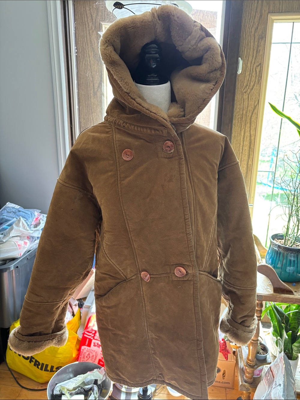 Vintage Women's Brown Hooded Faux-Shearling Coat super warm